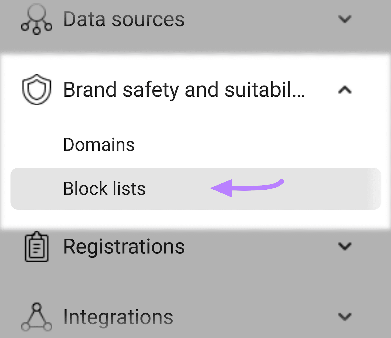 "Block lists" option selected from the “Brand safety and suitability" drop-down menu