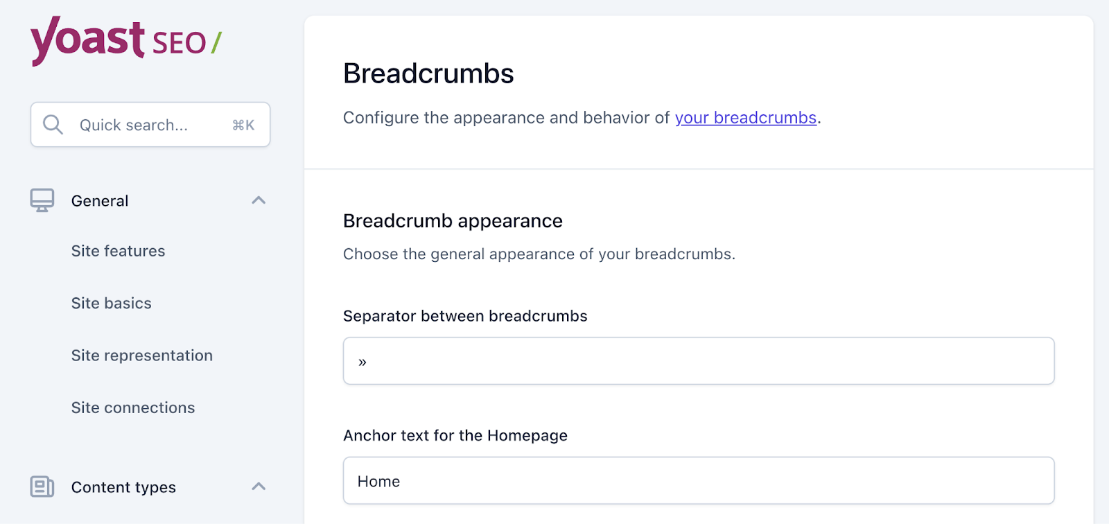 Settings for breadcrumb appearance such as separator between breadcrumbs, anchor text for homepage, and more