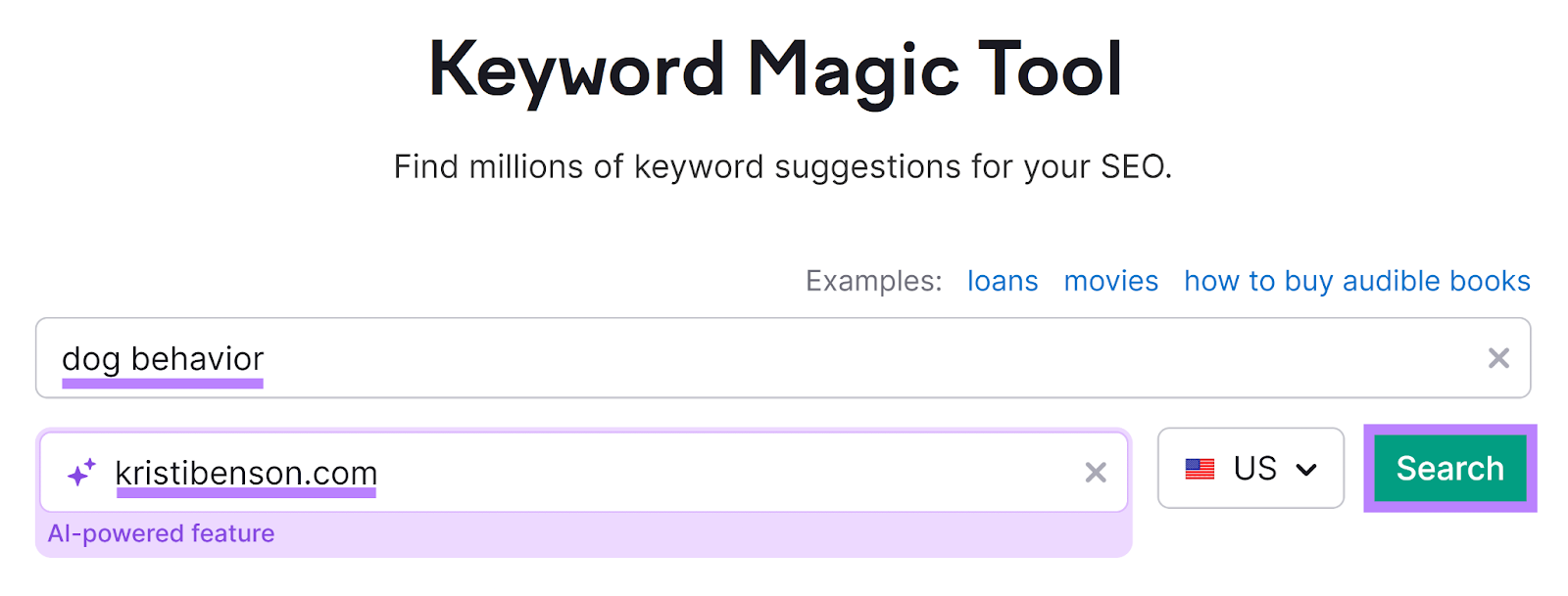 Semrush Keyword Magic Tool commencement  with keyword and domain entered and Search fastener  highlighted