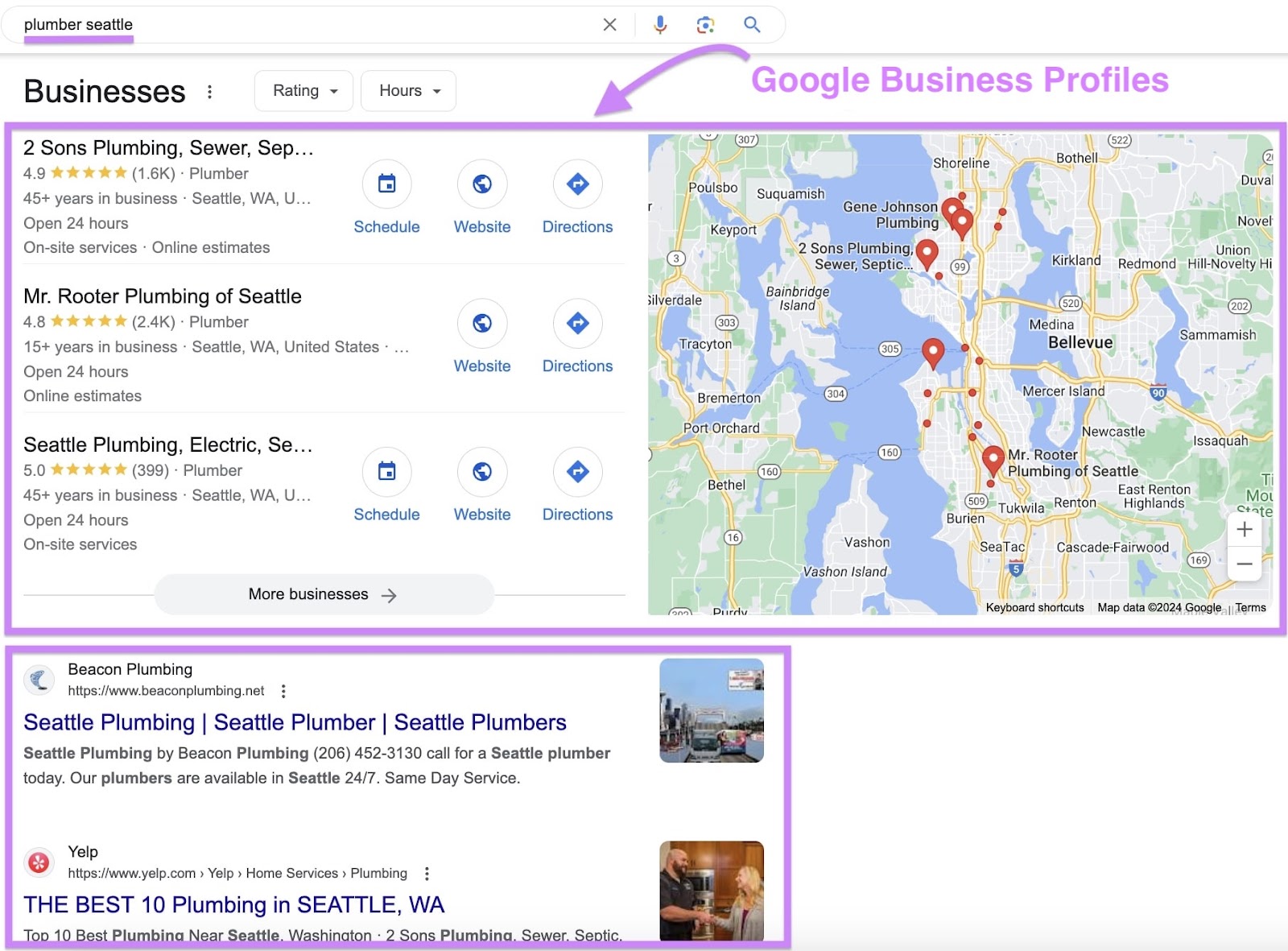 Google search results showing Google Business Profiles in the Local Pack along with two organic search results below.