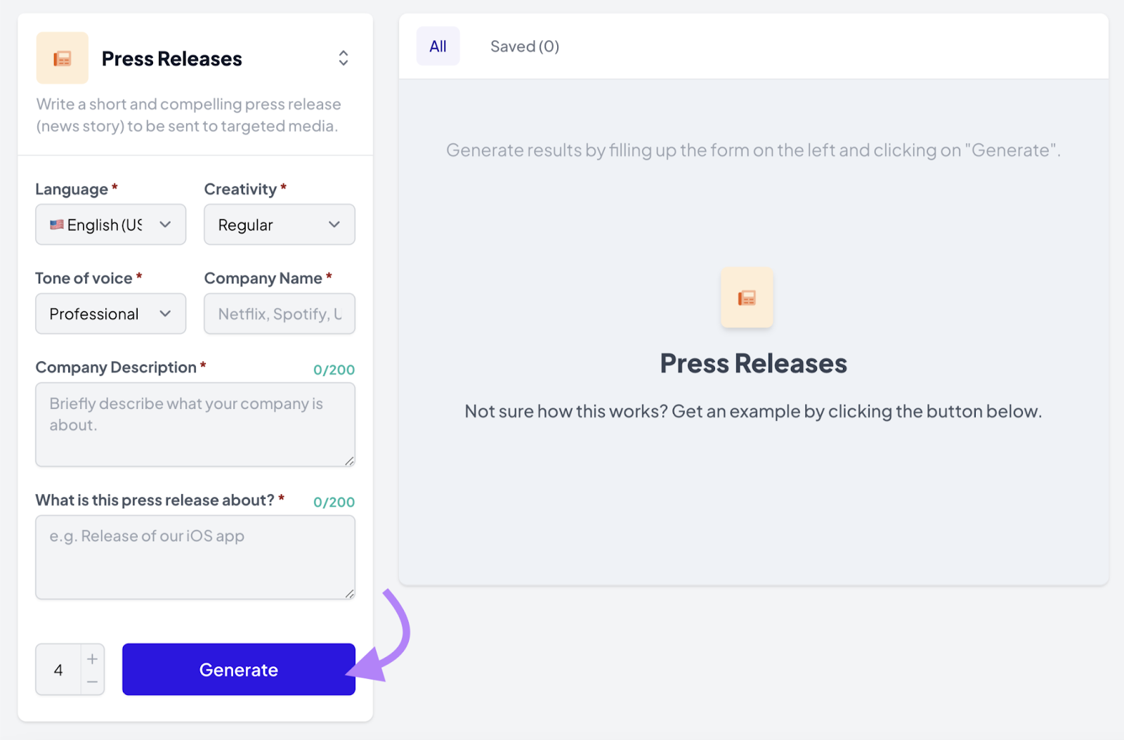 "Press Releases" form in AI Writing Assistant