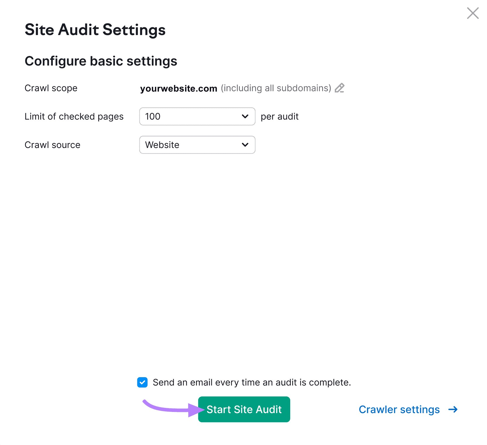 Site Audit Settings window