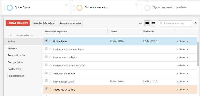 Seleccionar el segmento que filtra las vistas spam
