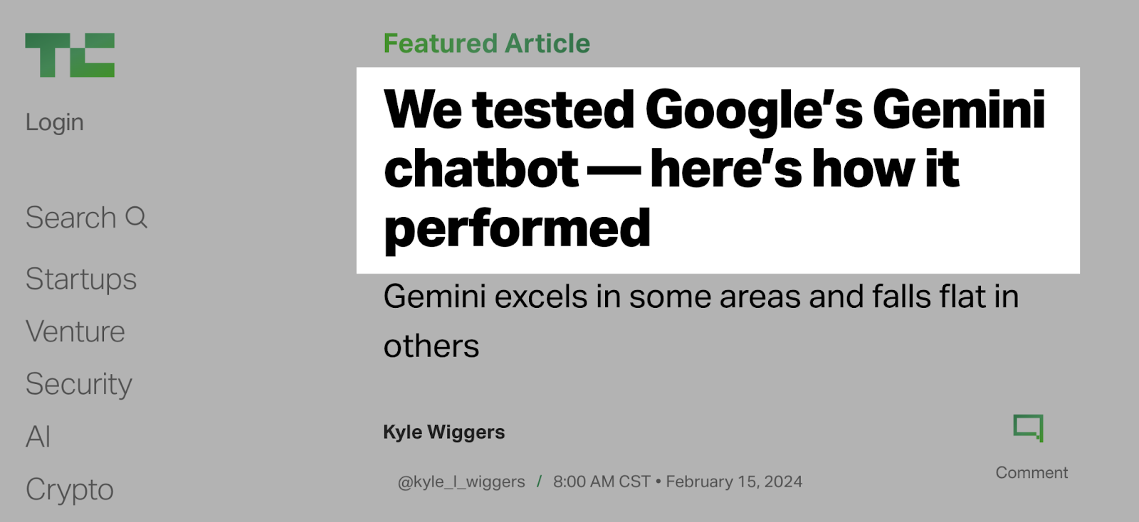 TechCrunch article's H1 tag that reads: "We tested Google’s Gemini chatbot—here’s how it performed"