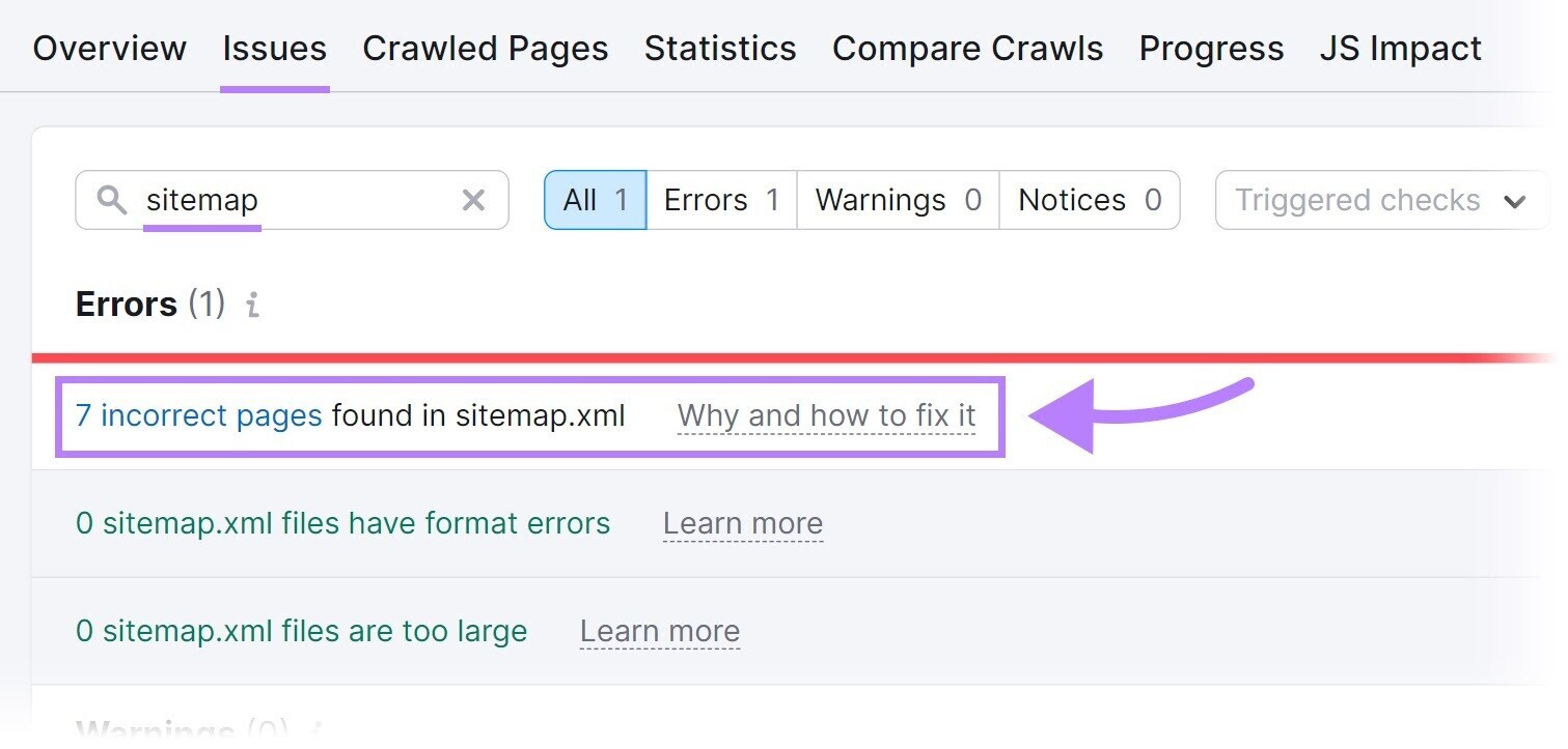 Erros de Sitemap identificados na Auditoria do site na guia "Problemas"