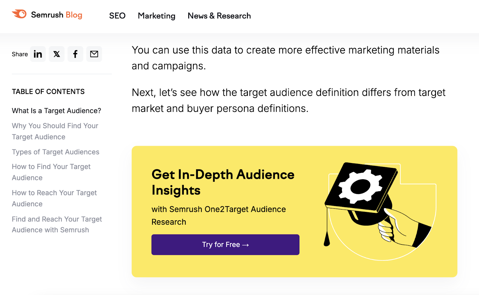 call to action contrasts visually with surrounding content. the text says "get in depth audience insights"