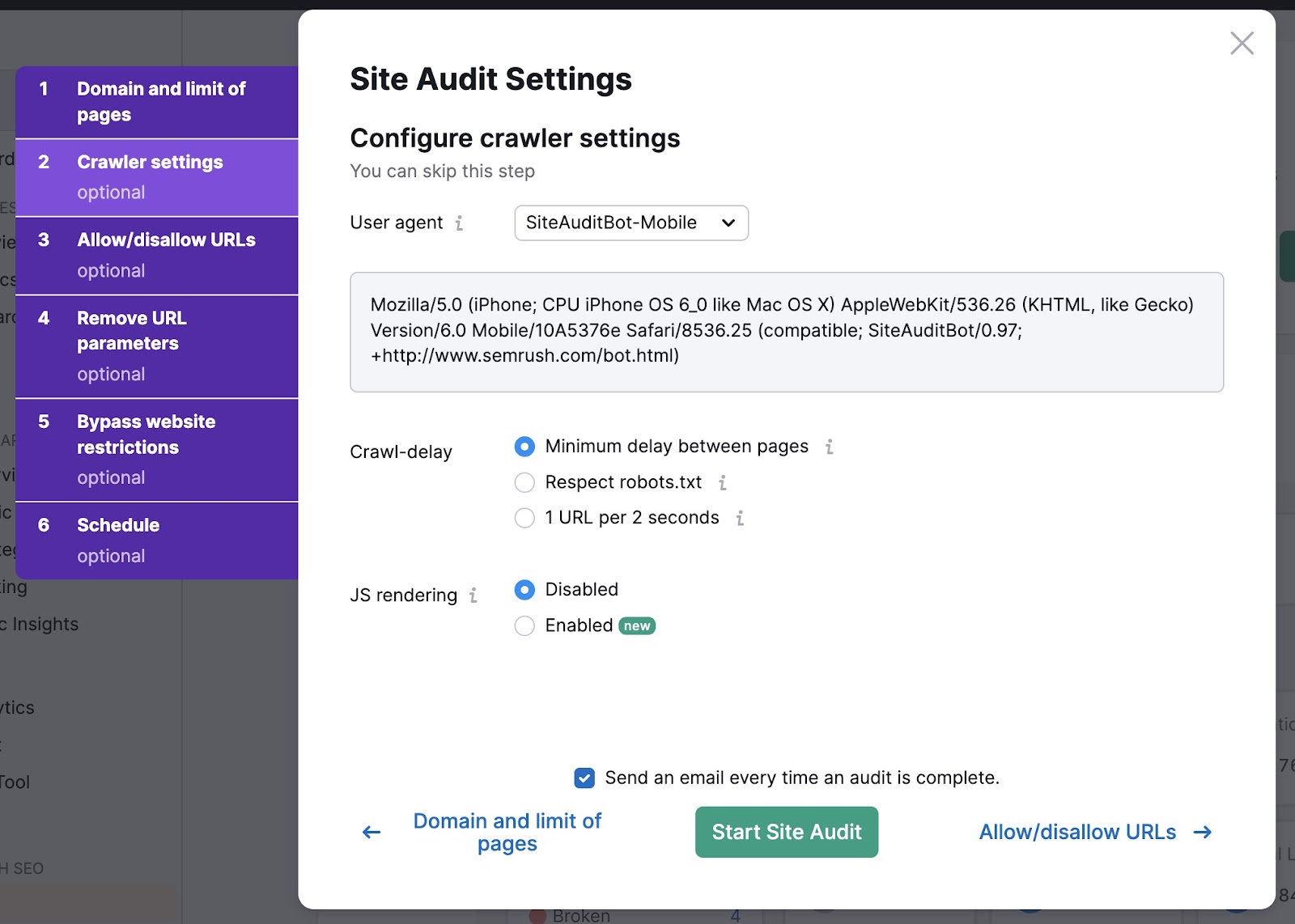 Crawler settings page on Site Audit to set user agent, crawl delay, and JS rendering.