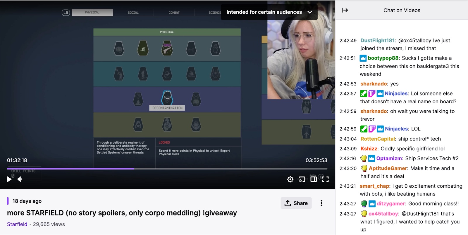 Alanah Pierce's gaming video on Twitch with chat section opened