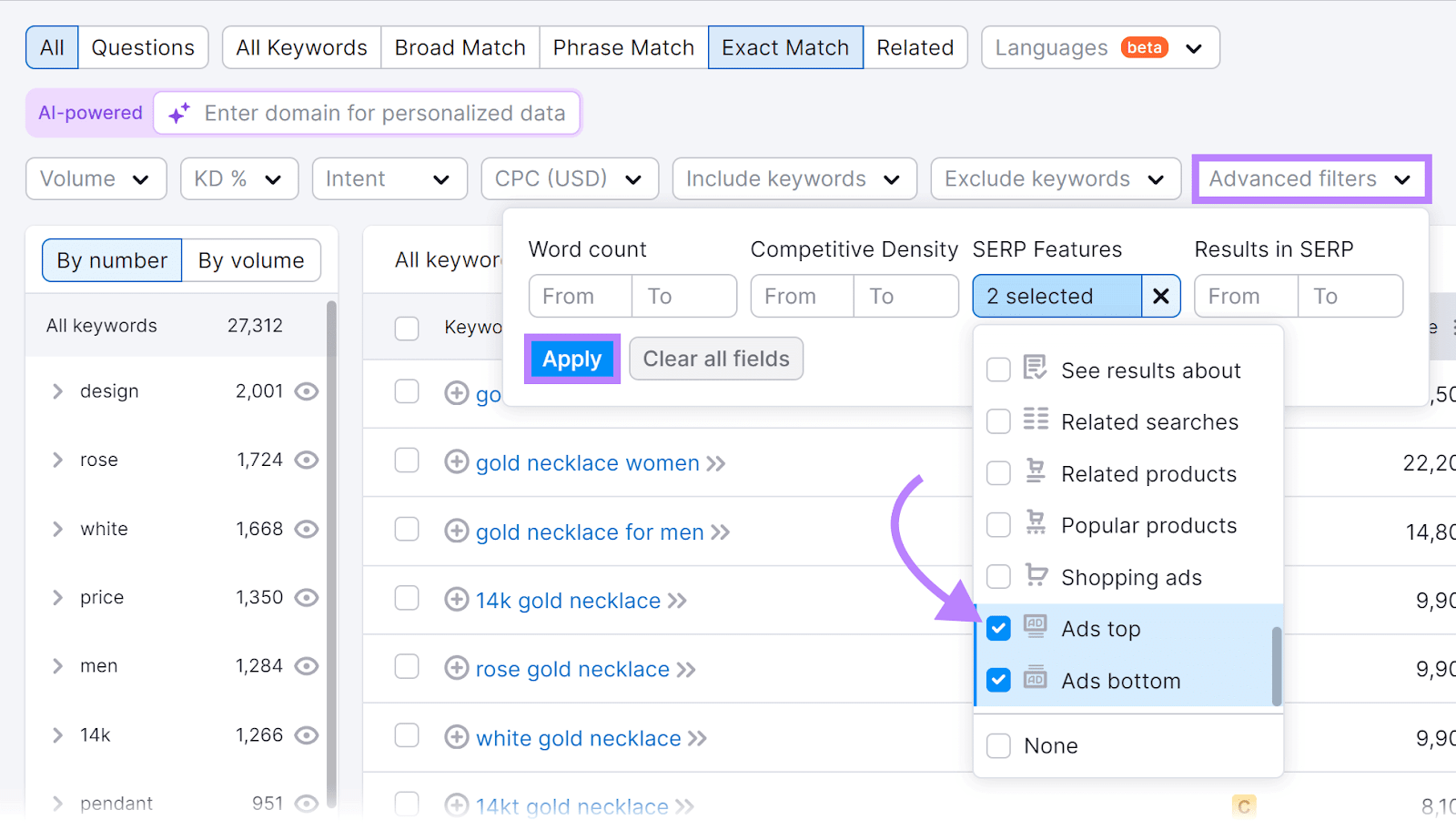 Semrush Keyword Magic instrumentality   precocious  filters opened, Ads apical  and Ads bottommost  SERP Features selected, and Apply fastener  highlighted