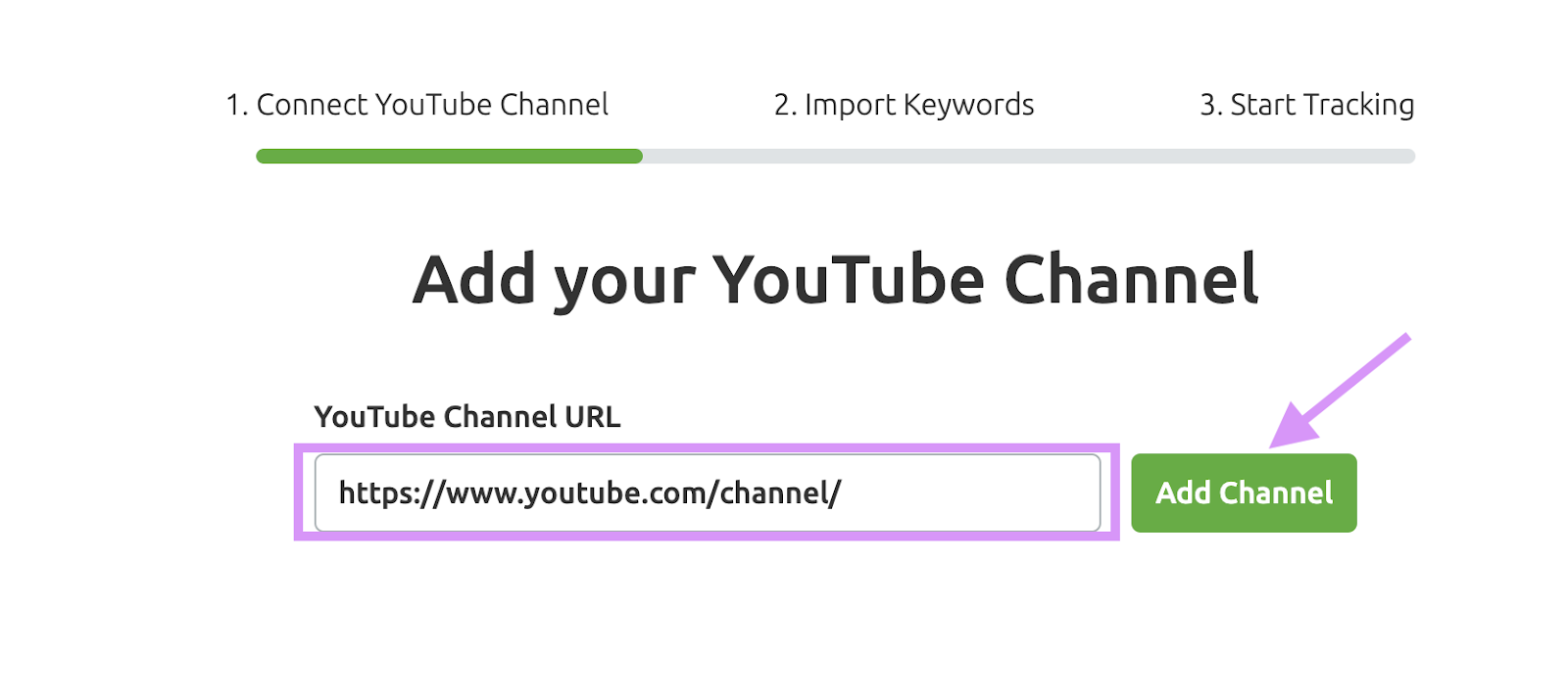 "Connect YouTube Channel" page on "Rank tracker for YouTube" with a channel URL entered and "Add Channel" clicked.