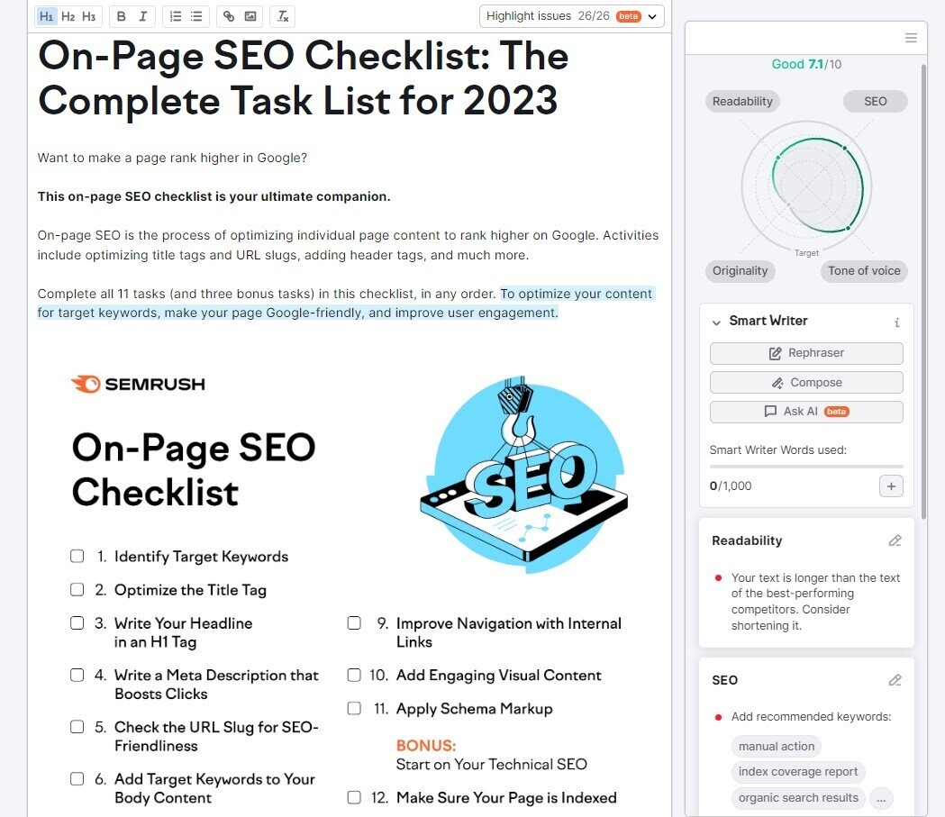 SEO Writing Assistant tool gives you various suggestions for improving your content