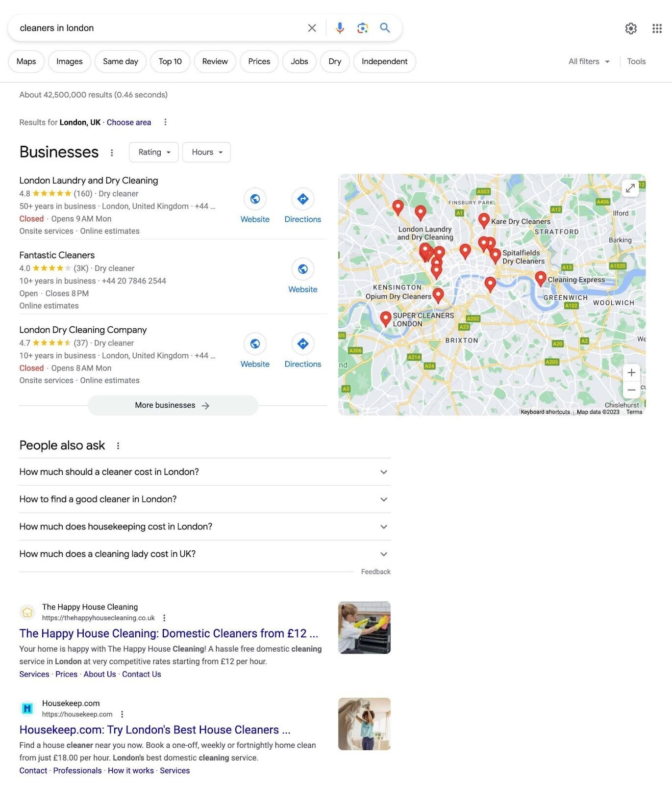 Google SERP for "cleaners in London"