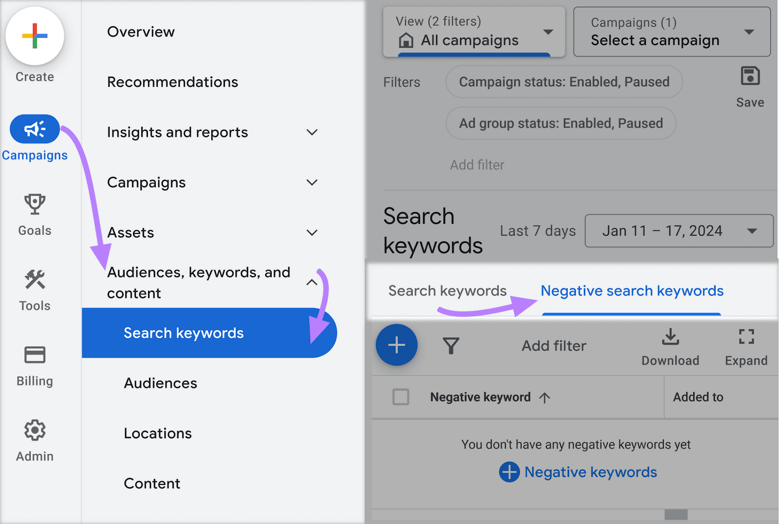 Navigating to “Negative search keywords” tab in Google Ads
