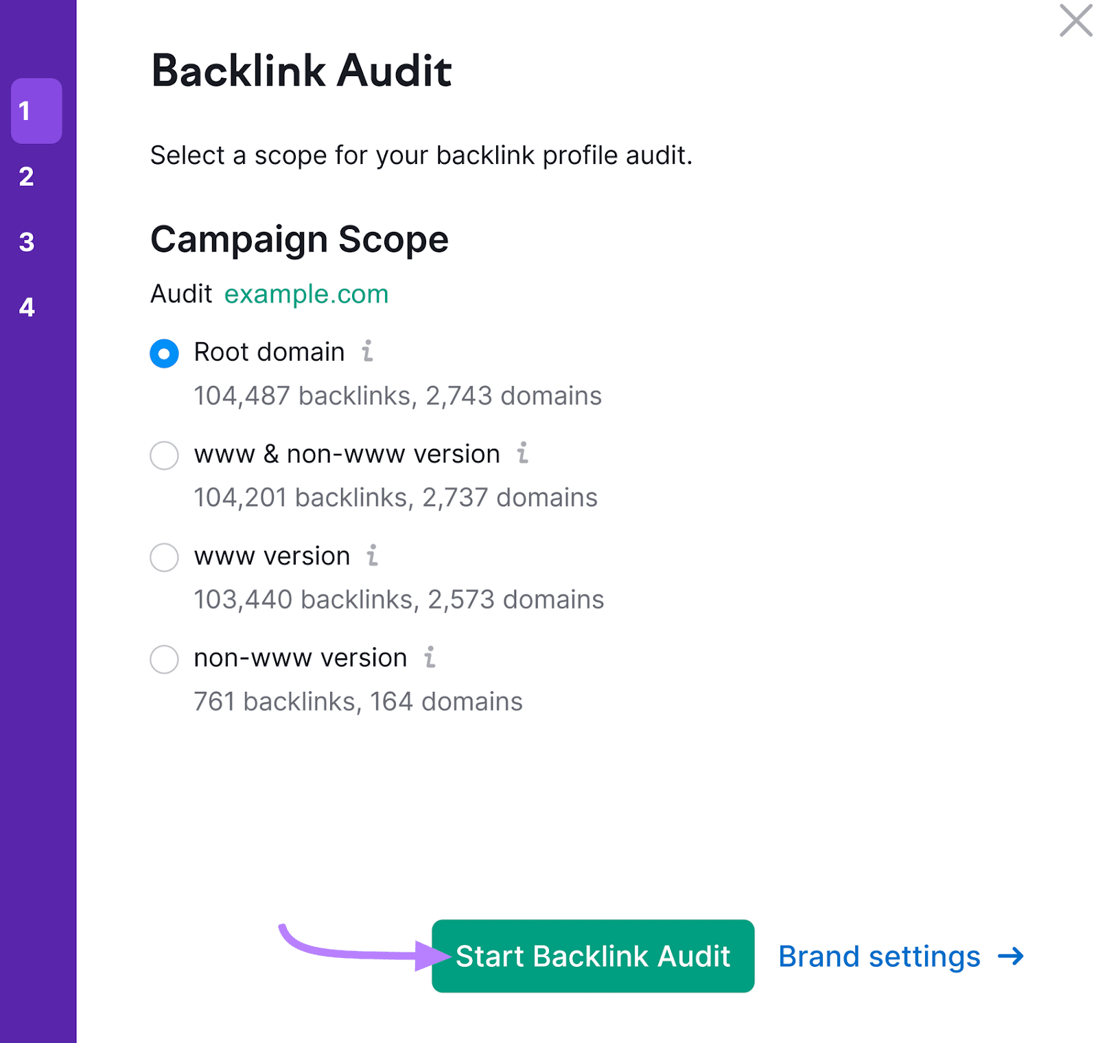 Backlink Audit tool settings window