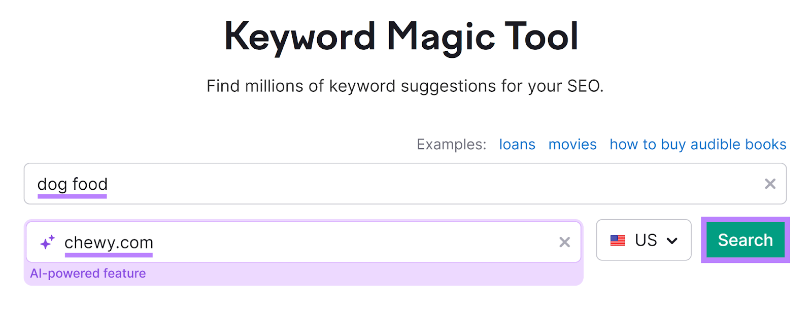 Semrush Keyword Magic Tool commencement  with keyword and domain entered and Search fastener  highlighted