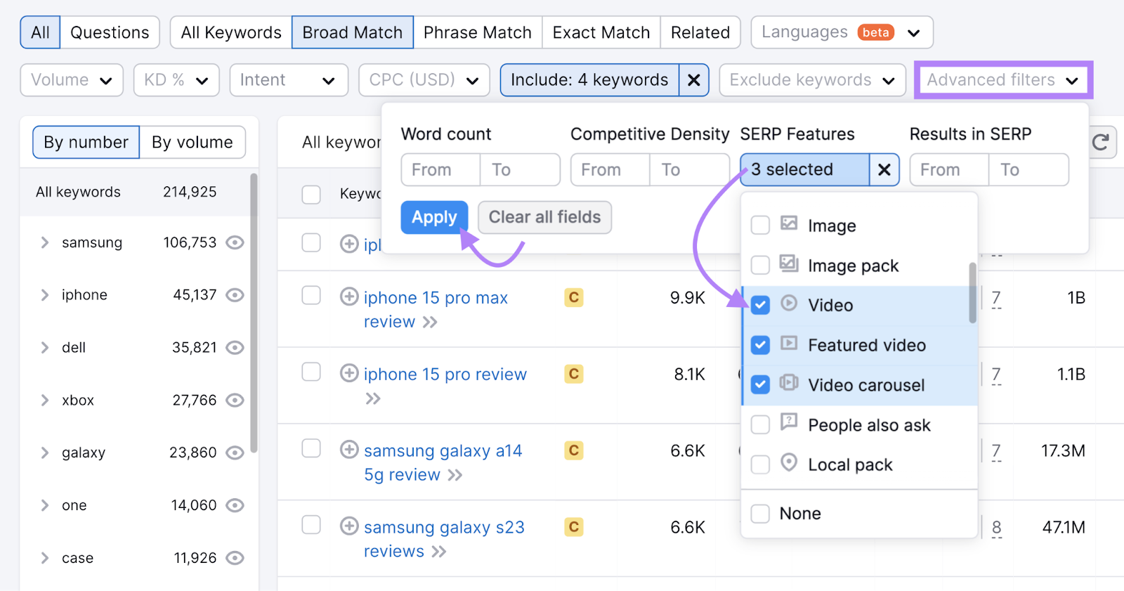 "Video," "Featured video," and "Carousel video" options selected from the "SERP features" drop-down menu in the "Advanced filters" section of Keyword Magic Tool