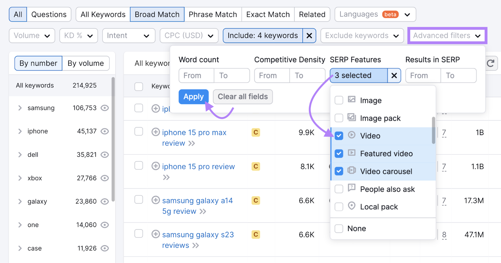 "Video," "Featured video," and "Carousel video" options selected from the "SERP features" drop-down paper   successful  the "Advanced filters" conception  of Keyword Magic Tool