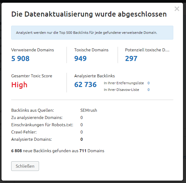 Screenshot: Backlink Audit abgeschlossen