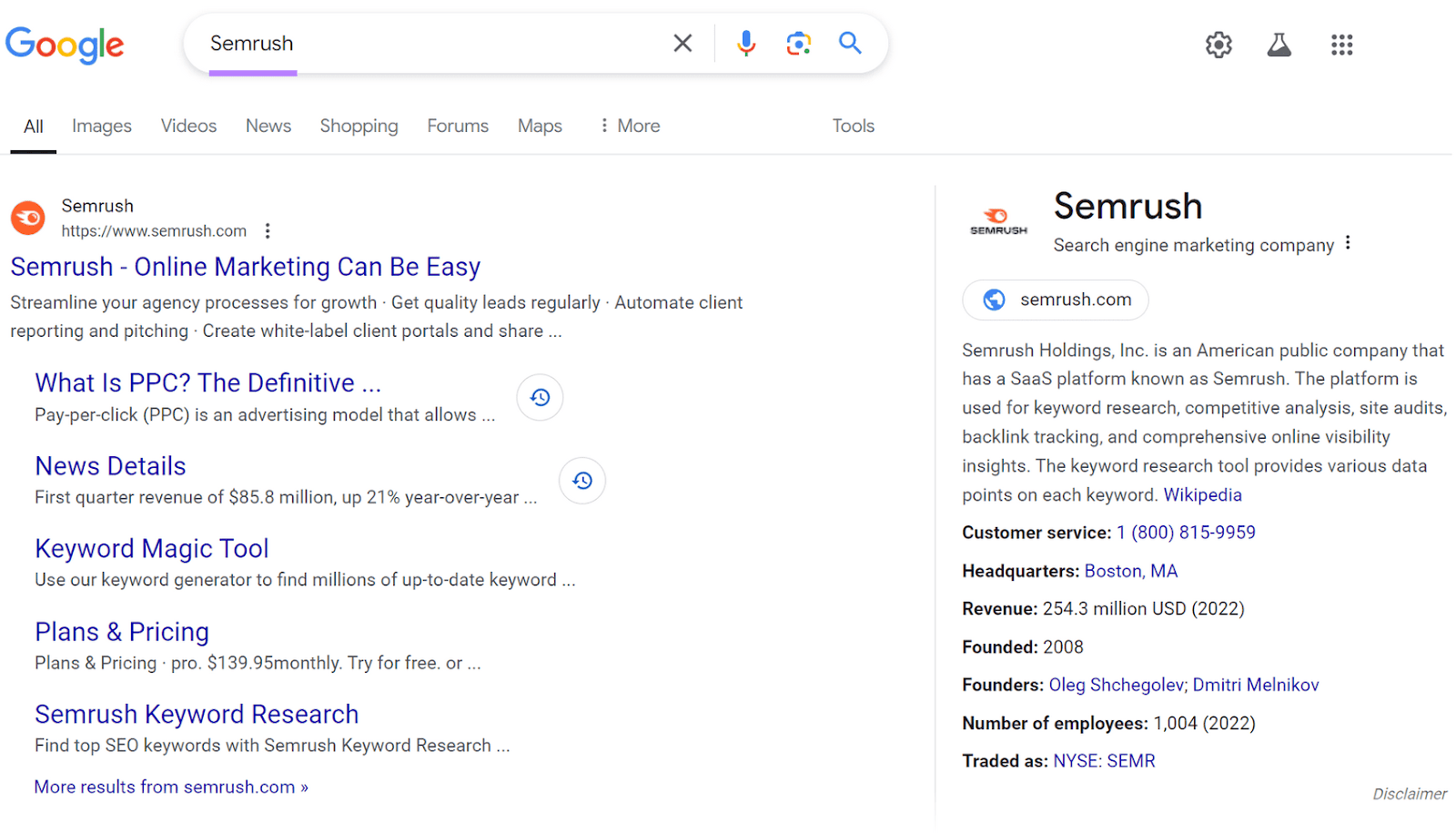 Google search results page for "Semrush," showing search results on the left and the Google Business profile on the right