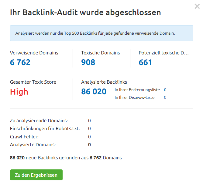 Benachrichtigung über abgeschlossenes Backlink Audit