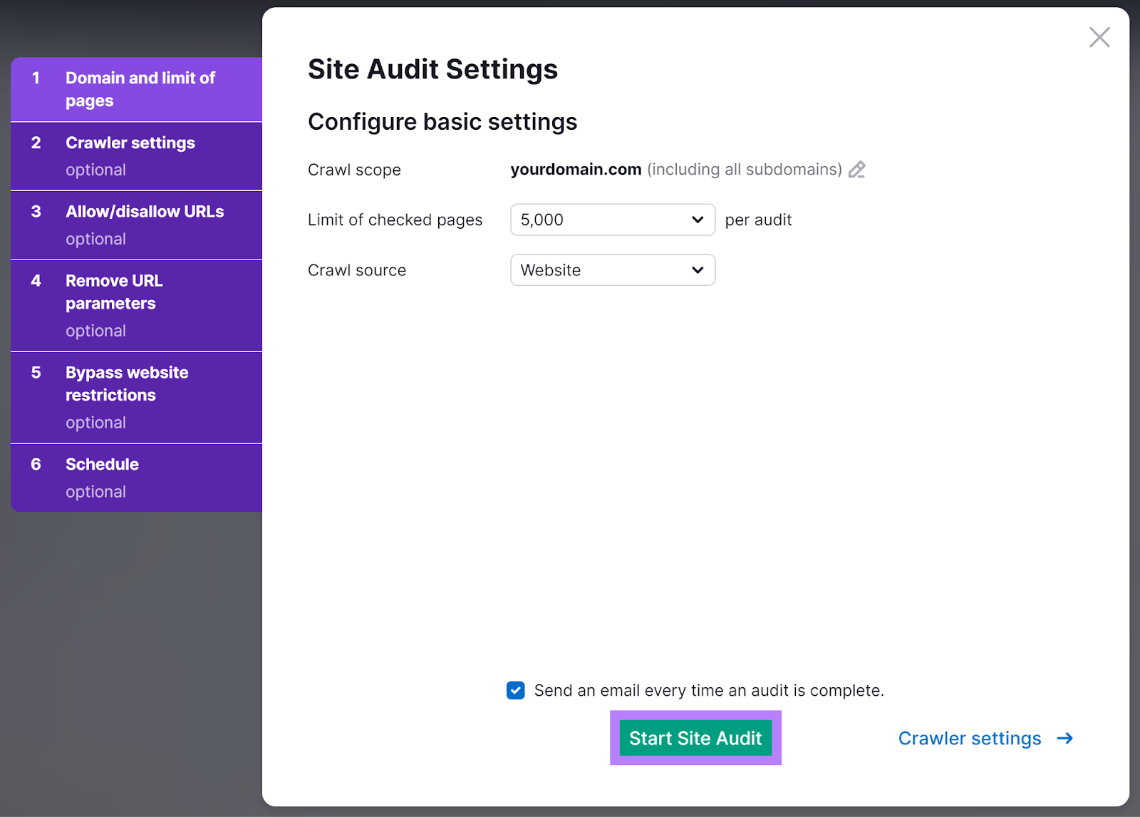 Semrush Site Audit settings popup with 'Start Site Audit' button highlighted
