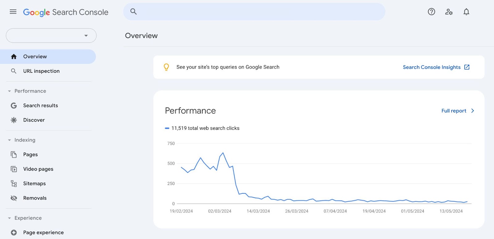 "Google Search Console" home showing descriptive analytics on website traffic, performance data, and issues.
