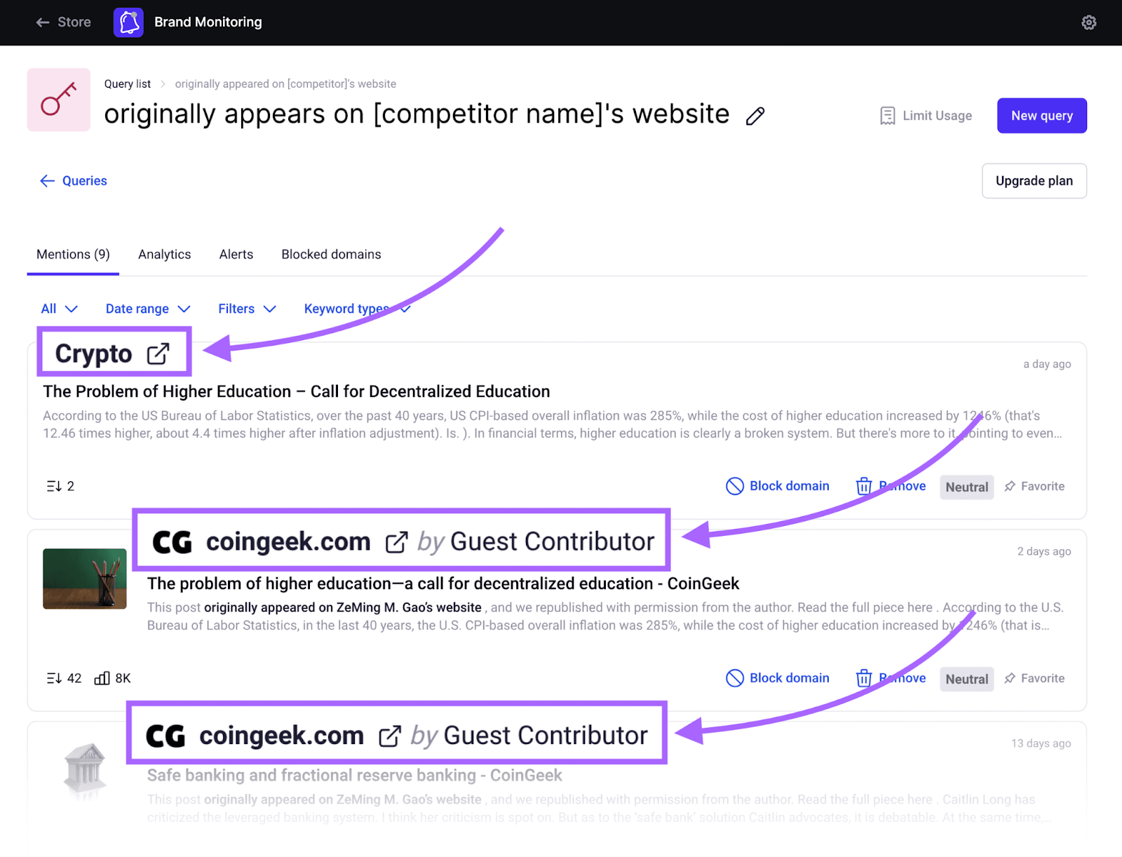 Results in Brand Monitoring tool shows list of publishers who worked with your competitor on content syndication.