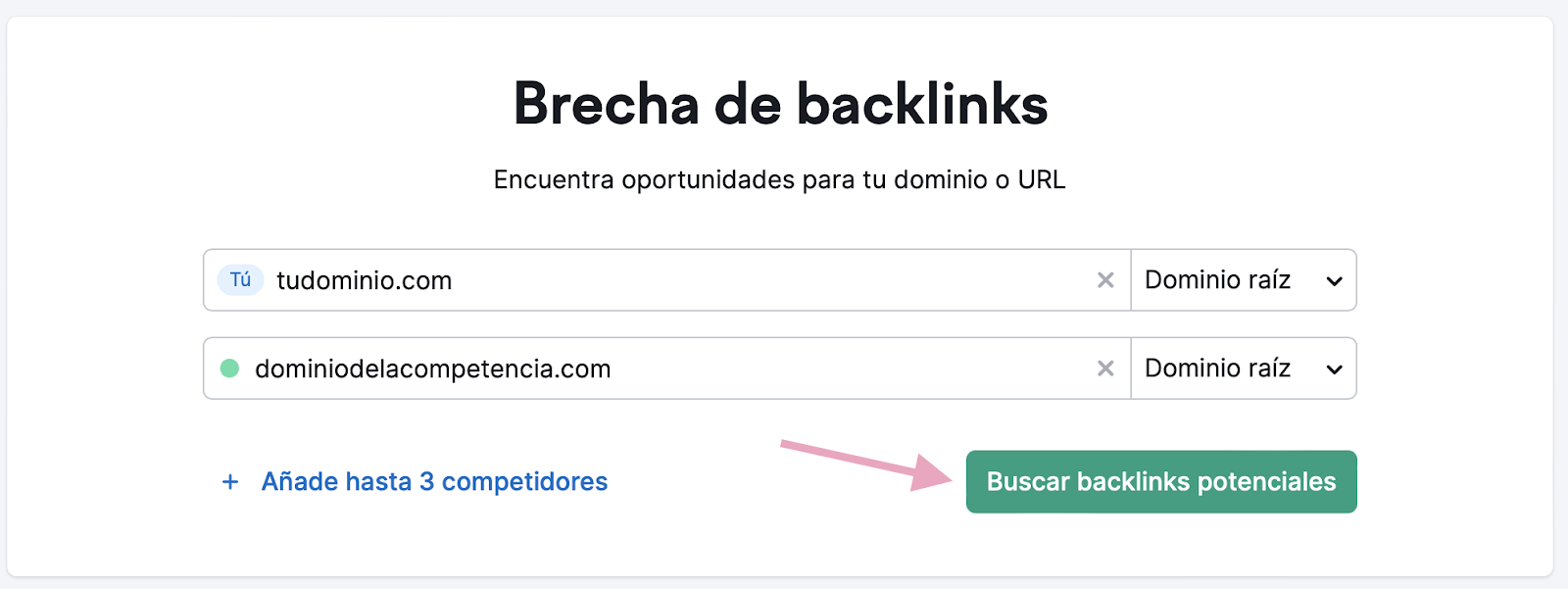 Página principal de Brecha de backlinks de Semrush