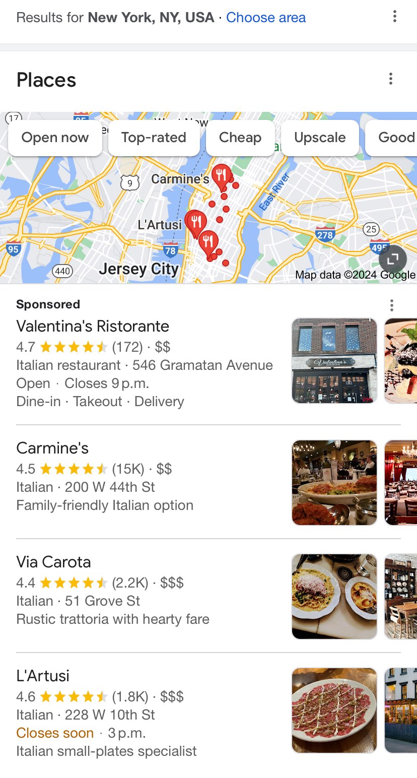 Google's local results for “Italian food” in New York