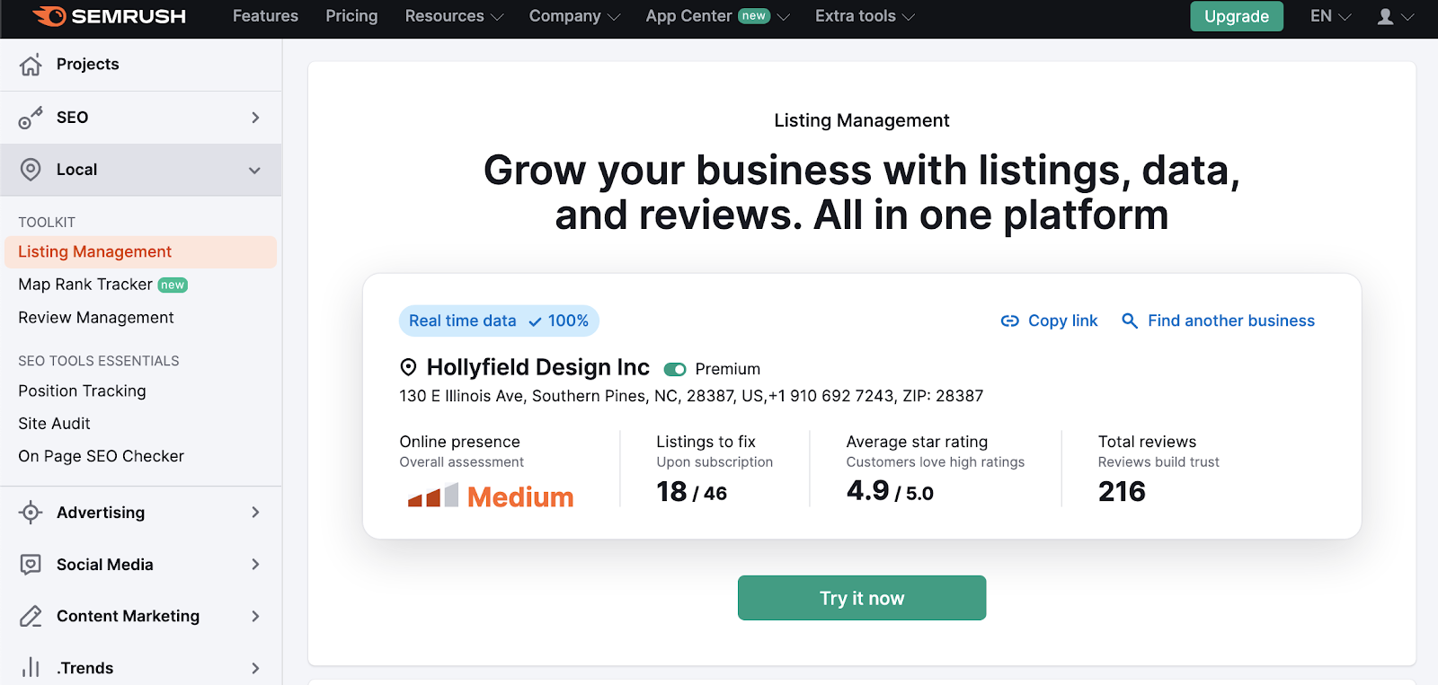 Semrush Listing Management results screen showing business details including an online presence assessment and star rating