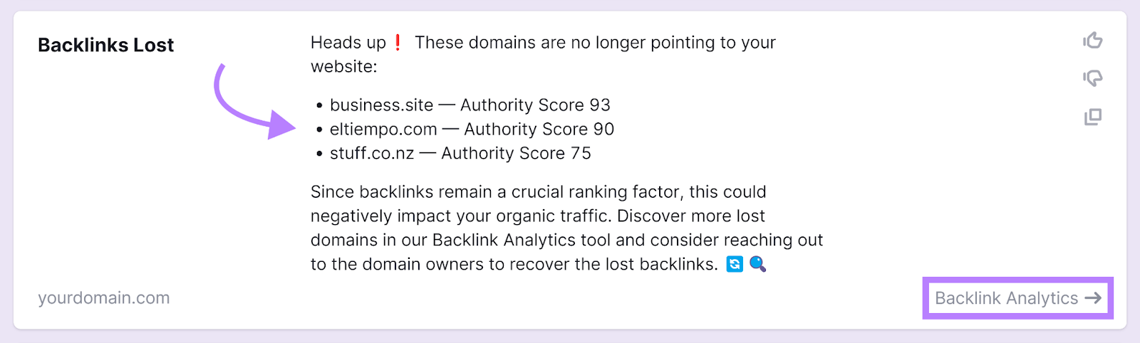 Backlinks Lost proposition  by Semrush Copilot AI