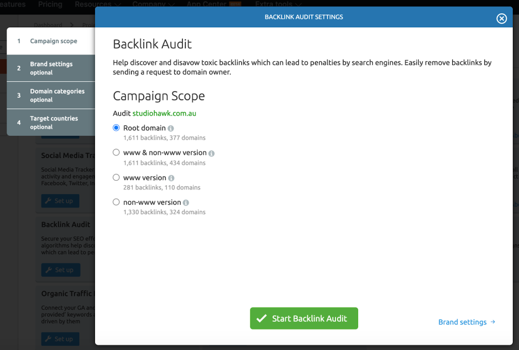 Como encontrar e consertar links quebrados com Semrush 5 configuração de auditoria de backlink