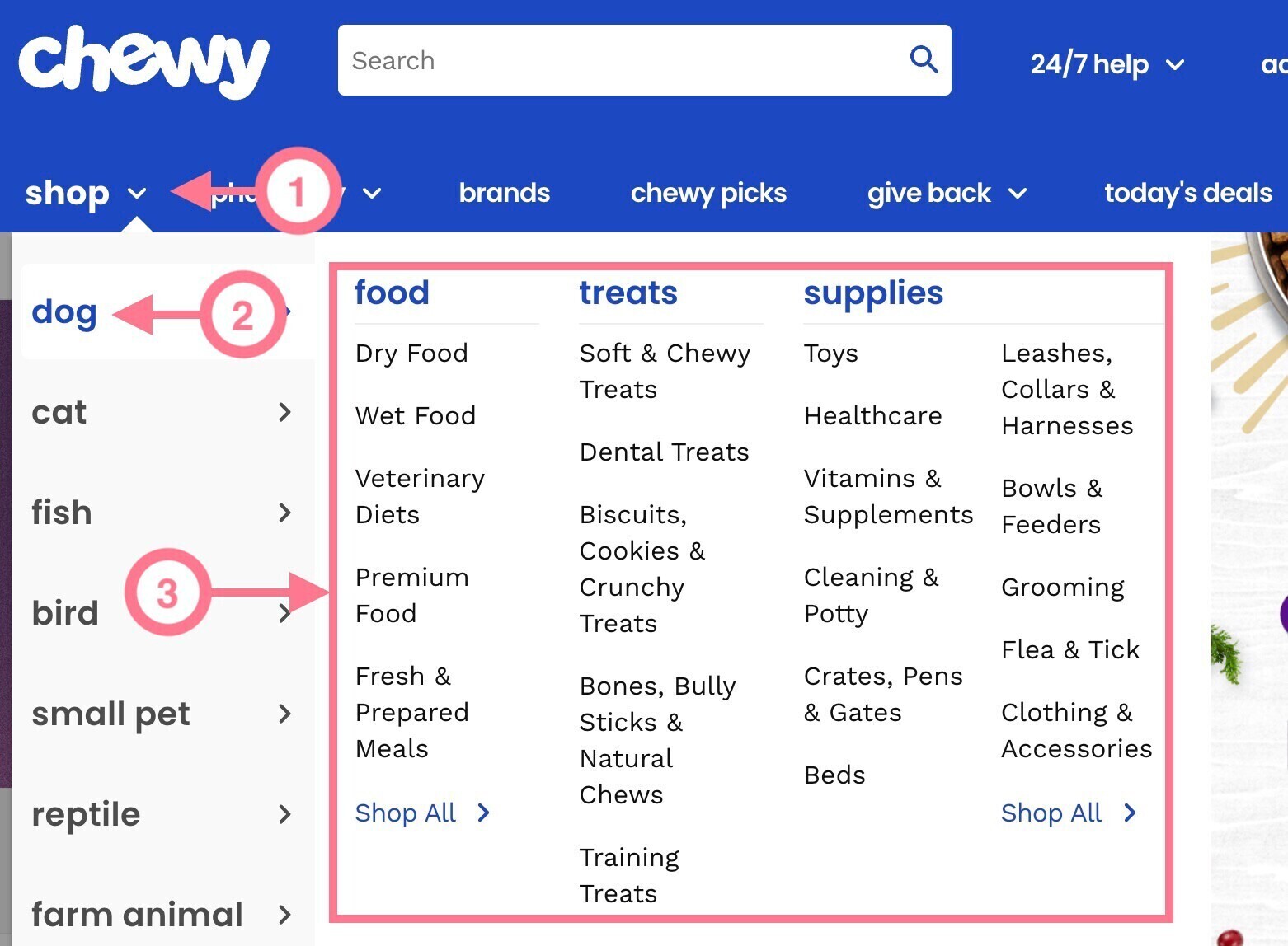 Chewy's shop drop-down menu with different categories and subcategories