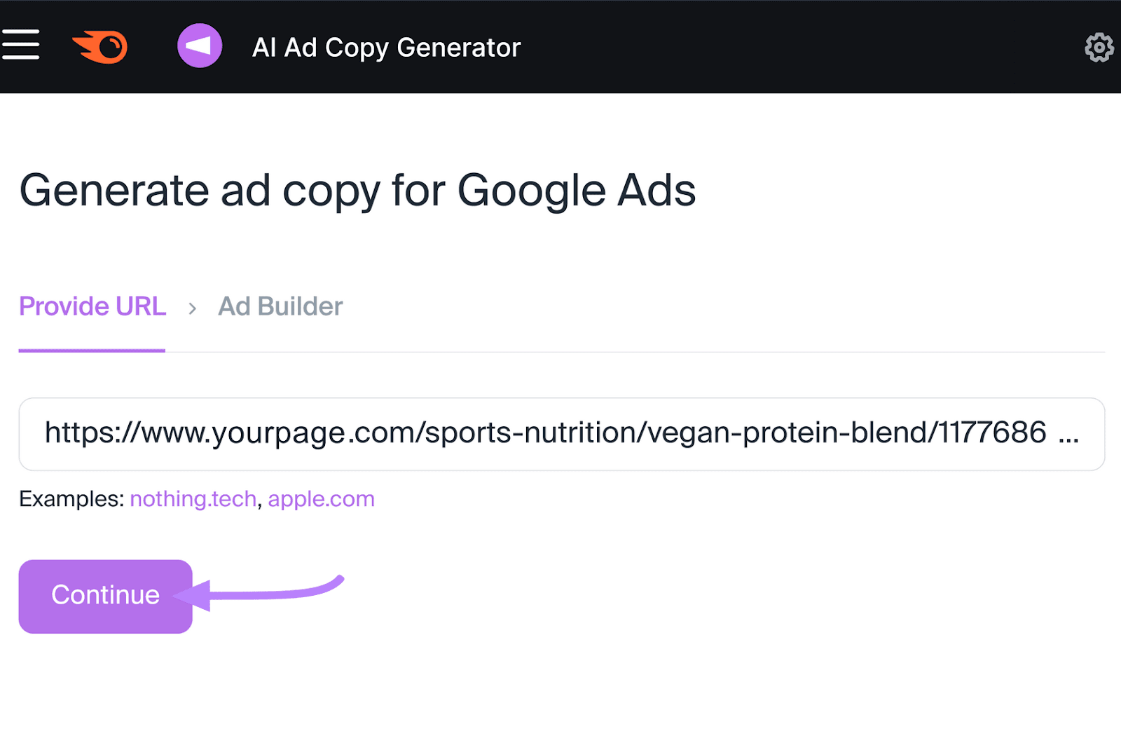 A landing page URL entered into the AI Ad Copy Generator
