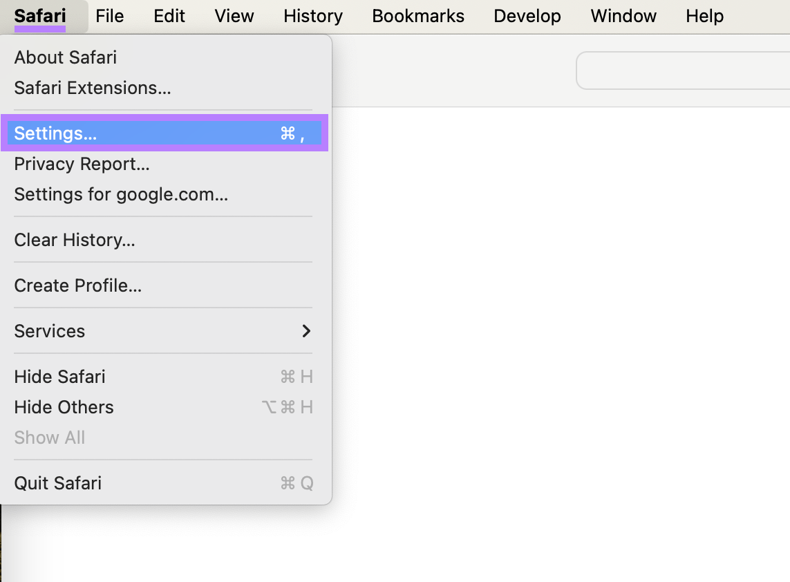Safari menu expanded and Settings option highlighted.