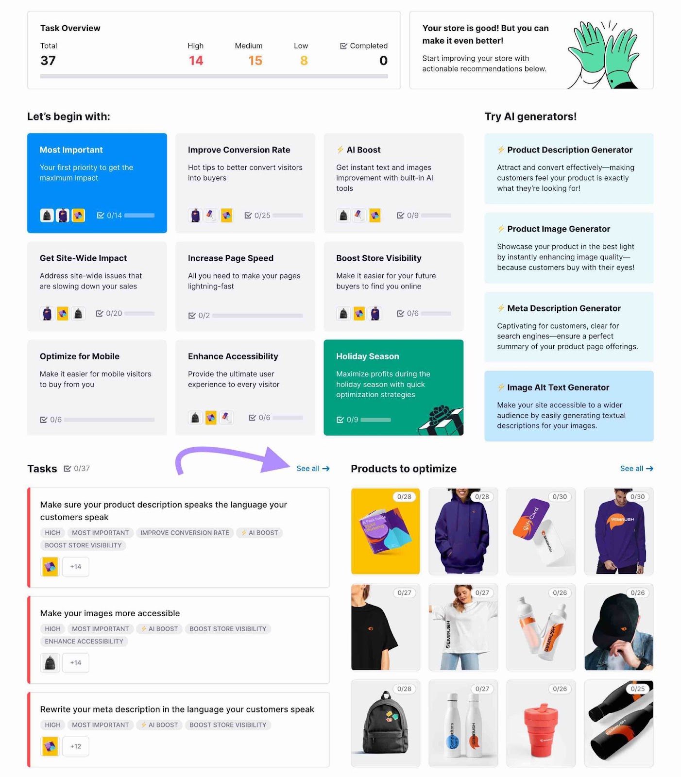 See all tasks in Ecommerce Booster