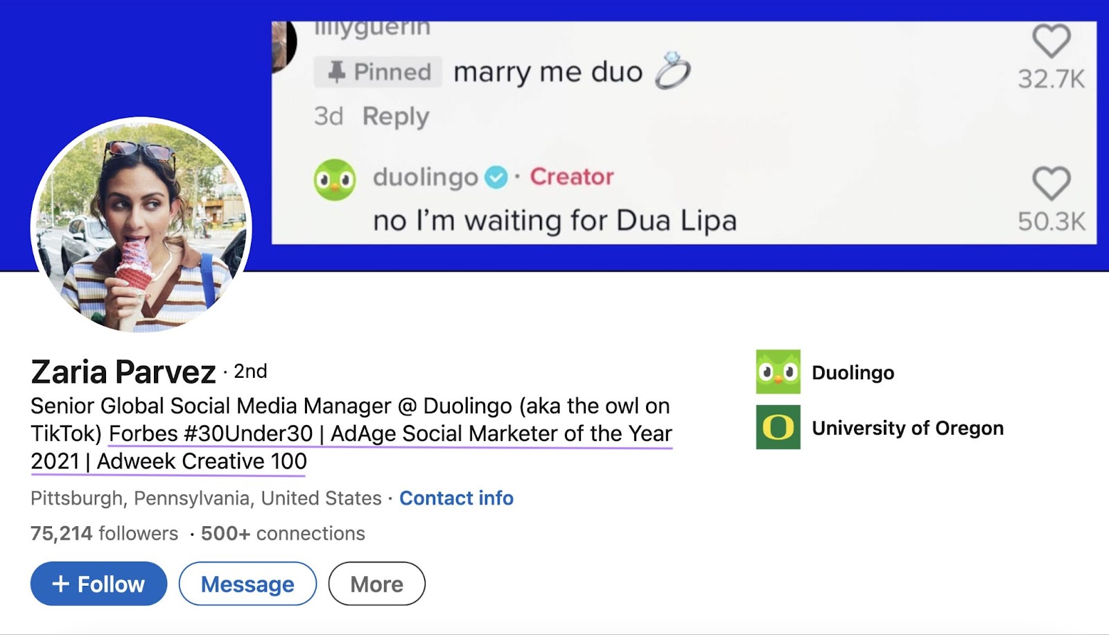 Duolingo’s senior global social media manager Zaria Parvez's LinkedIn profile