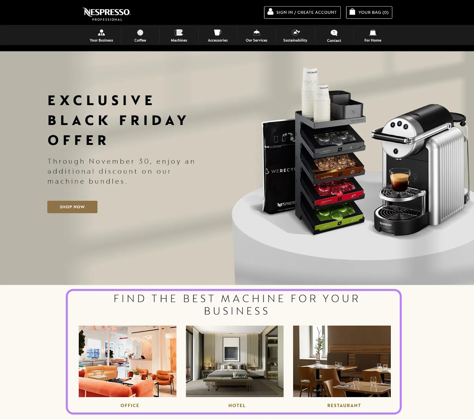 Nespresso's website with "Find the best machines for your business" section highlighted
