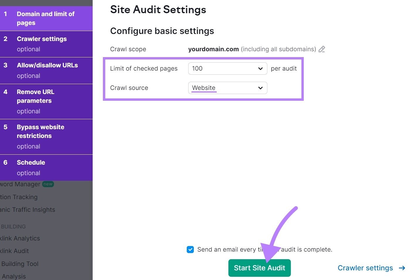 Fenêtre contextuelle « Paramètres d'audit du site »