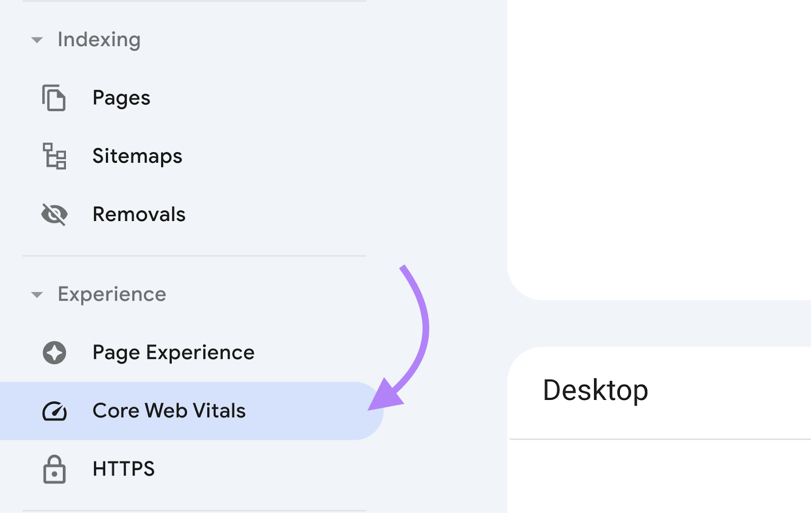 Google Search Console with "Core Web Vitals" clicked from the right sidebar.