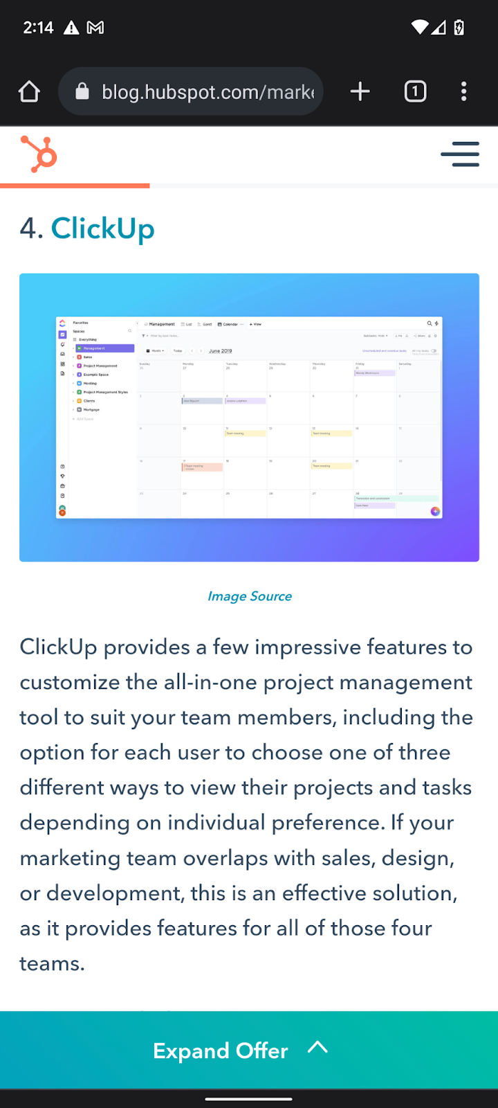 ClickUp出现在HubSpot网站的一篇列表文章中。