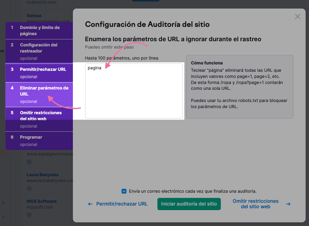 Si quieres excluir los parámetros de paginación menciona "pagina"