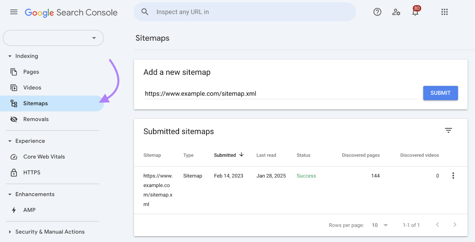 Sitemaps tab includes field to add a new sitemap.