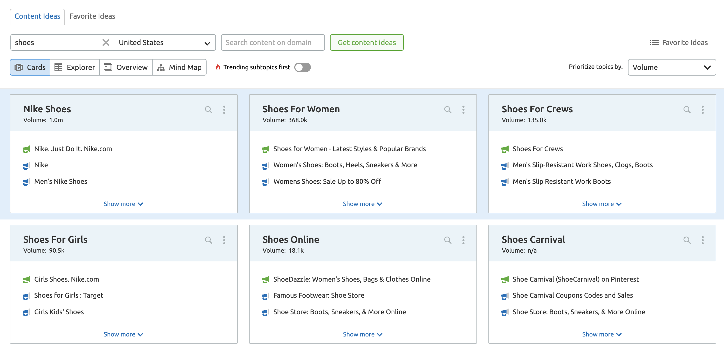  Capture d'écran des idées de contenu SEMrush 