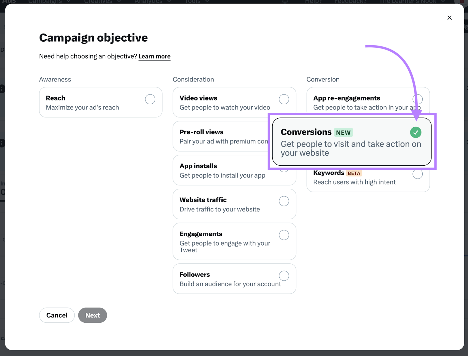 Choose campaign objective box