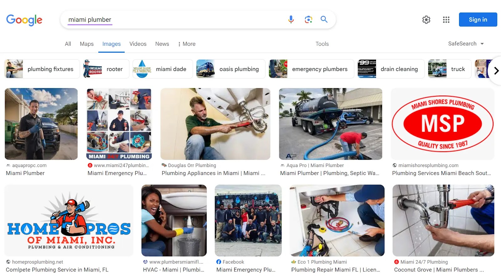 image results on Google for "miami plumber" search