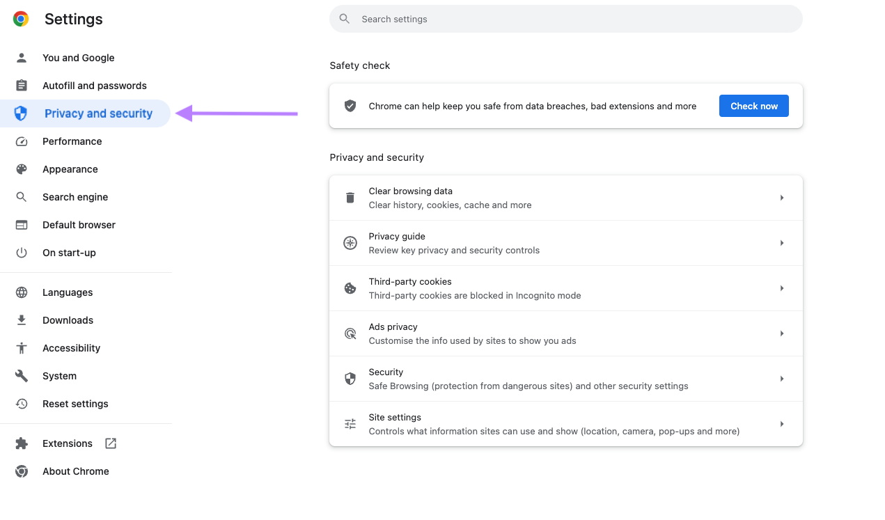 "Privacidad y seguridad" en Configuración de Google Chrome