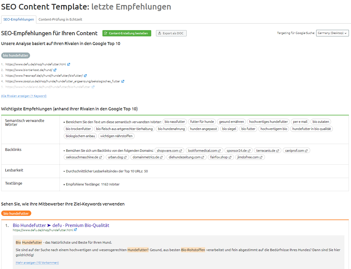 Empfehlungen aus dem SEO Content Template