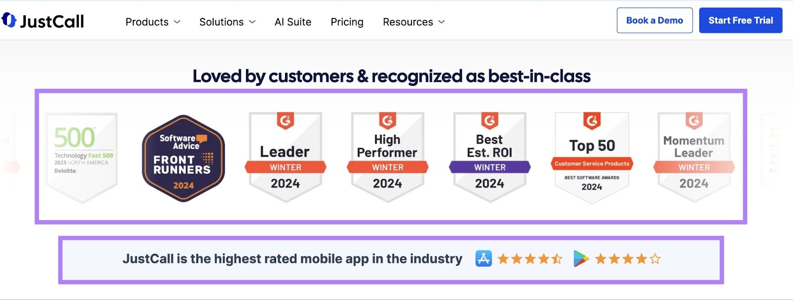 G2 badges and app ratings on JustCall's homepage