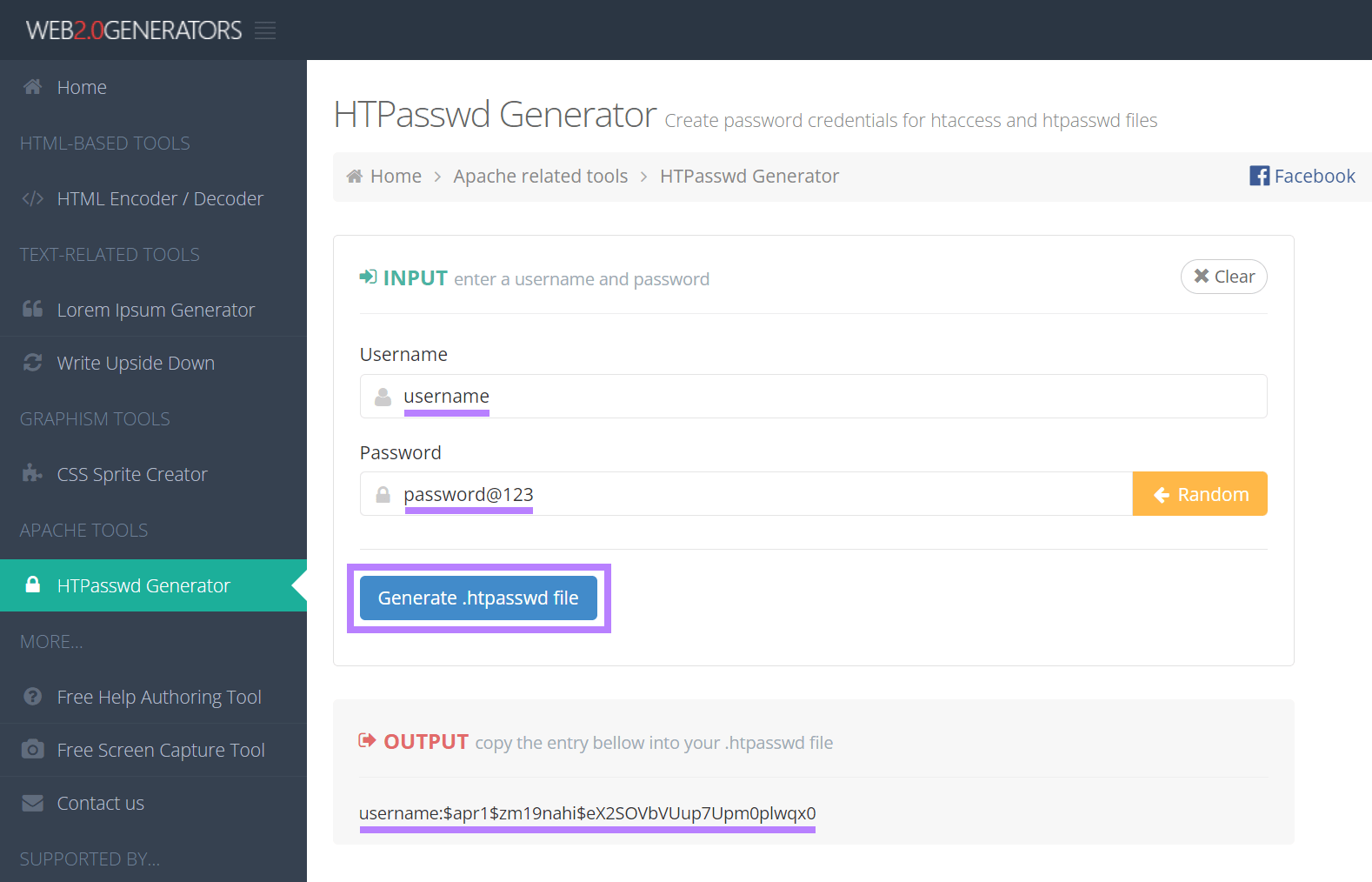 HTPasswd Generator tool showing the encryption of a password.